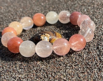 Rare Find - Natural pink rabbit hair rutilated quartz bead bracelet in 12mm+, 天然东海手磨珠硬闪发/粉紫兔毛水晶手串