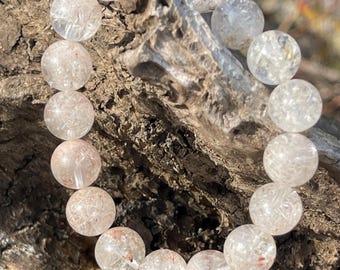 Objet rare - Bracelet naturel de perles de quartz rutile roses et blanches en forme de flocon de neige de 10 mm + 天然粉白雪霜发晶水晶手串