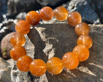 Rare Find - Natural yellow rabbit hair rutilated quartz bead bracelet in 14mm+, 天然老矿姜黄兔毛水晶手串