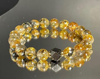 Great Value - Natural golden titanium star rutile rutilated quartz with Muonionalusta meteorite bead bracelet in 9mm+ 稀有矿天然天铁燕子钛晶手串