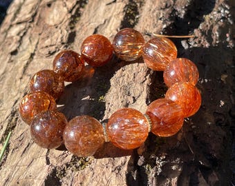 Bracelet en cristal de quartz rutile Super Seven noir et or naturel d'excellente qualité en 16 mm+