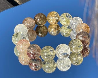 Rare Find - Natural snowflake multicolor rutile rutilated quartz bead bracelet in 14mm+  天然特殊矿雪霜发晶水晶手串