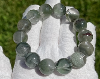 Natural Brazilian Green Phantom quartz bead bracelet in 14mm+ 天然巴西老矿绿幽灵水晶手串