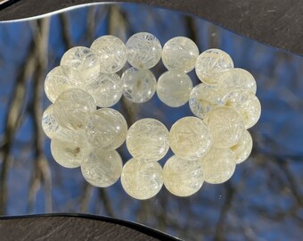 Rare Find - Natural snowflake white rutile rutilated quartz bead bracelet in 14mm+  天然白雪霜发晶水晶手串