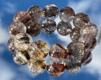 Rare Find - Quartz rutile rutilé en cuivre multicolore naturel avec bracelet en cristal de quartz fantôme flocon de neige 16 mm+ 天然雪霜彩铜发晶手串