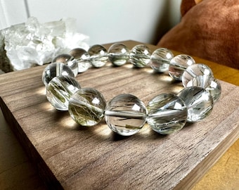 Collector’s grade - Natural green tourmalated rutile rutilated quartz bead bracelet in 14mm+  天然全净体绿碧玺发晶水晶手串