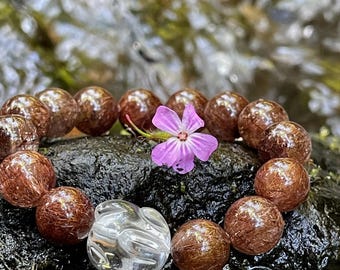 Great Value - Natural golden red copper rutilated rutile quartz crystal bracelet with carved bunny in 13mm+ 天然老矿烟花红铜发晶手串