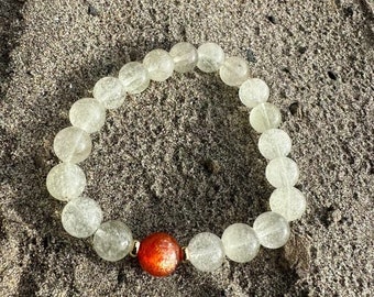 Natural Libyan desert glass and sunstone crystal bead bracelet in 9mm+ 天然黄金利比亚陨石配金太阳手串
