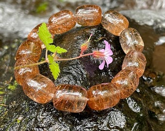 Natural golden red copper rutilated rutile quartz crystal bracelet in 12x16mm+ 天然老矿烟花红铜发晶桶珠手串