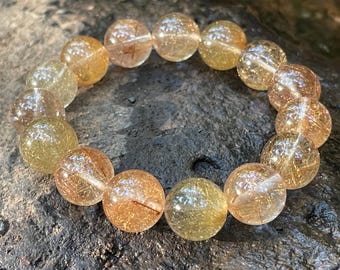 Excellent quality natural multicolor rutilated rutile quartz crystal bracelet in 14mm+ 天然彩发晶/钢丝兔毛发晶手串