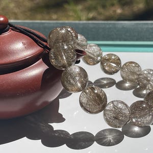 Collector’s grade - Natural silver rutile rutilated quartz crystal bead bracelet in 14-15mm+ 天然魔鬼银发晶手串