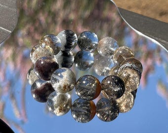 Rare Find Natural half treasure bowl phantom garden with rutile quartz bead bracelet in 17mm+  天然半盆彩幽灵带穿发水晶手串