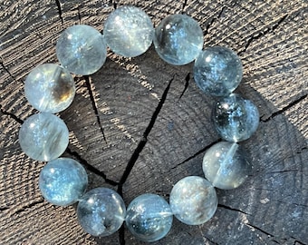 Natural devil blue aquamarine with mica beaded bracelet in 16mm+ 天然蓝底芝麻黑爆闪海蓝宝手串
