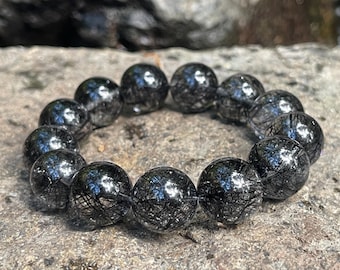 Excellent quality - Natural black rutile rutilated quartz crystal bracelet in 15mm+ 天然巴西老矿蕾丝黑发晶手串