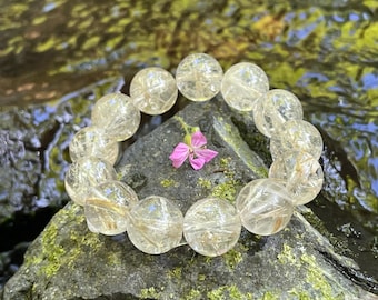 Rare Find - Natural snowflake white rutile rutilated quartz bead bracelet in 15mm+  天然白雪霜发晶水晶手串