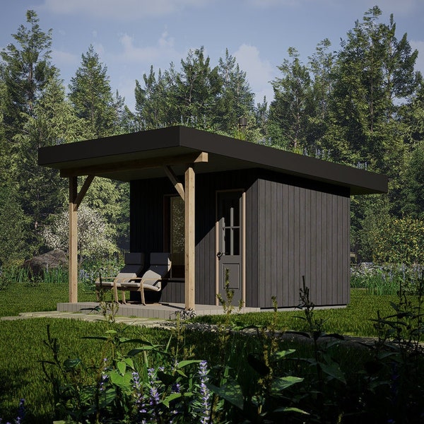 Tiny Bath House, Small Garden Sauna Blueprint, Wood Stove, Green Roof