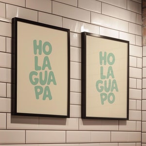 Set of 2 Hola Guapa + Hola Guapo Mint Prints Spanish Welcome Entryway Decor Printable Poster Minimalist Gallery Wall Art Lovely Phrase