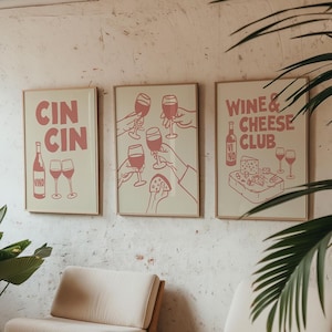 Pastel Pink Wine and Cheese Club Poster Prints Retro Cin Cin Wall Art Cheers Wine Lover Gift Kitchen Decor for Wine Lovers Rose Set of 3