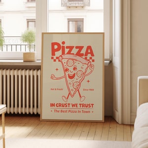 Retro pizzamaskotaffisch: "In Crust We Trust" Matkonst, körsbärsröd (digital nedladdning)