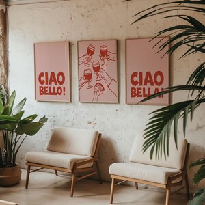 Rose Set of 3 Italian Wall Art Prints Ciao Bello Poster Ciao Bella Print Cheers Hands Pink Kitchen Art Galley Decor Entryway Wall Decor