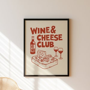 Trendy rode wijn en kaasclub print retro wijnposter barwagen kunst print keuken poster digitale download afdrukbare slaapzaal muur accessoires