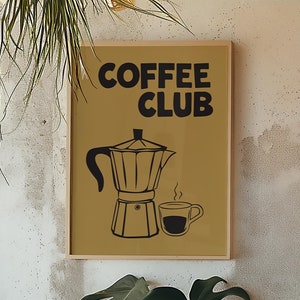 Coffee Club Print retro espressomachine poster koffiecultuur bar kar kunst moderne keuken poster mosterd café kunst leuke barista minnaar print