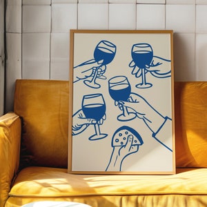 Blue Cheers print retro wijn en kaas poster bar kar kunst keuken poster Cin Cin Prost Santé afdrukbare muur kunst digitale badkamer print