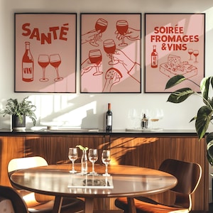 ポスタープリント 3 枚セット、Soirée Fromages et Vins、レトロサンテ ウォールアート、Cheers Hands、ワイン愛好家へのギフト、チーズ愛好家のための赤いキッチン装飾