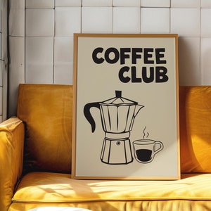 Impresión de Cream Coffee Club, póster de máquina de café expreso retro, impresión de Brew Crew, arte de carrito de bar, póster de cocina minimalista, arte de cafetería, impresión divertida para amantes del café