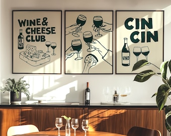Set of 3 Poster Prints, Wine and Cheese Club, Vintage Cin Cin Wall Art, Cheers Wine Lover Gift, Green Kitchen Decor for Cheese Lovers Gift
