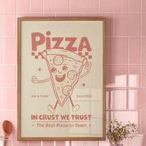 Rosa Retro Pizza Kunstwerk Old-School Cartoon Druck Pizza Liebhaber Dekor Druckbare Küche Illustration Geschenk für Food Enthusiasten Kulinarische Wand