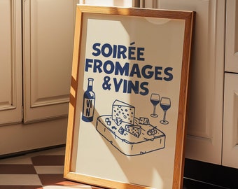 French Wine and Cheese Poster: Retro Kitchen Bar Cart Art (Digital Download)