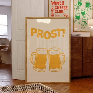 Retro Mustard Prost Beer Mug Plakat Vintage Bar Decor Cheers Wall Art Żółty Wydruk Kuchenny Oktoberfest Celebration Bar Cart Art Pub Decor