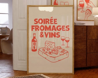 Soirée Fromages & Vins Print Retro Wine Poster Wine and Cheese Bar Cart Art Red Kitchen Poster Cheese Lover Gift French Restaurant Decor