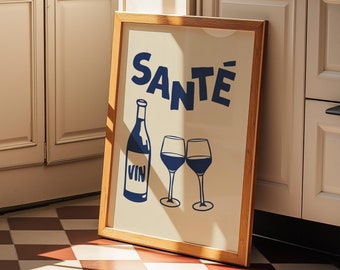 Blue Santé Print Retro French Wine Poster Bar Cart Art Kitchen Poster Cheers Hands Pink Cin Cin Wall Art Fun Bar Poster Restaurant Decor