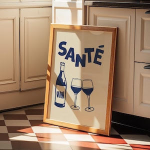 Niebieski Santé Print Retro Francuski Plakat Wino Bar Cart Art Kitchen Poster Cheers Hands Pink Cin Cin Wall Art Fun Bar Poster Restaurant Decor
