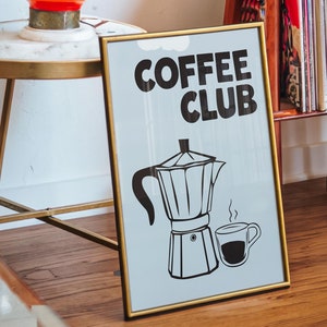 Koffieclub print lichtblauw retro espressomachine poster koffiecultuur leuk barwagen kunst moderne keuken poster café kunst koffieliefhebber print