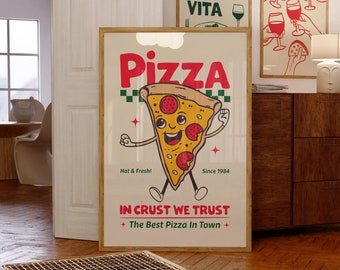 Retro Pizza Poster Foodie Wall Art 1980s Pizzeria Print Pizza Lovers Decor In Crust We Trust Best Pizza in Town Poster Printable Kitchen Art