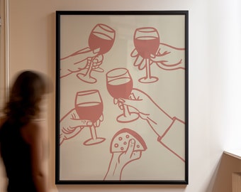Impresión Retro Cheers: Vino y queso, arte de carrito de bar, rosa (descarga digital)