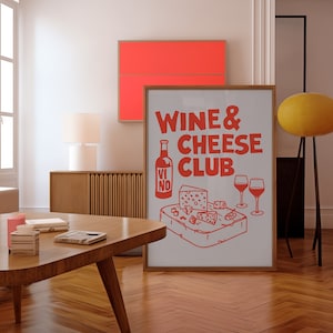 Moderne blauwe en rode wijn- en kaasclub print minimalistische retro poster barwagen art print digitale download keuken muurkunst afdrukbaar ontwerp