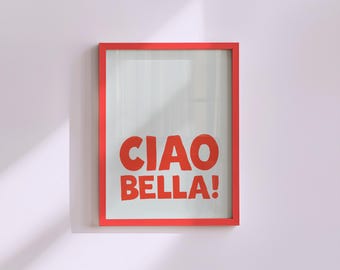 Póster Ciao Bella: Arte mural retro italiano, naranja sobre azul (descarga digital)