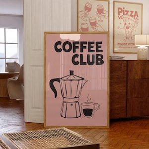 Pink Coffee Club Print Retro Espresso Poster Brew Crew Print Bar Cart Art Minimalistische Keuken Poster Vintage Café Art Fun Coffee Lover Print