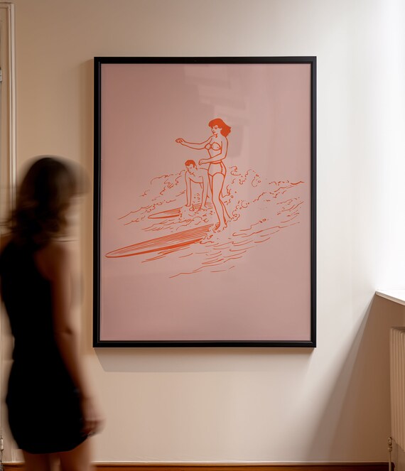 Vintage Surfing Girl Art Print: Retro Beach Decor, Orange on Pink (Digital Download)