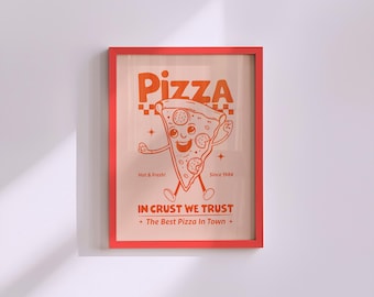 Retro Pizza Mascot Poster: 1980s Kitchen Wall Art, Orange on Pink (Digital Download)