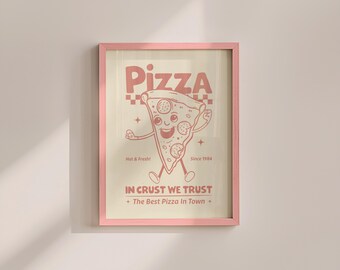 Retro Pizza Mascot Print: Pink Kitchen Culinary Wall Art (Digital Download)