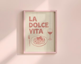 La Dolce Vita Print: Retro Italian Wine & Pasta Poster, Pastel Pink (Digital Download)