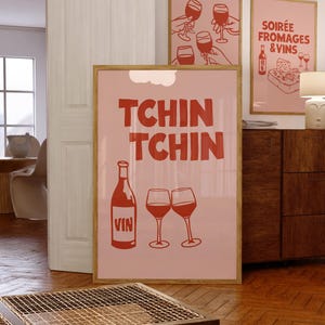 Tchin Tchin Print Rose Pink and Red Retro French Wine Poster Bar Cart Art Kitchen Poster Cheers Print Pink Bar Poster Fun Restaurant Decor