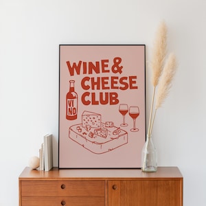 Roze rode wijn en kaasclub print retro wijnposter barwagen art print keuken poster digitale download afdrukbare muur kunst baraccessoires