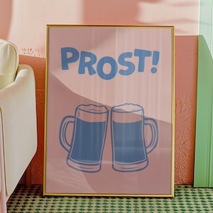 Roze blauw Prost poster retro bier mok bar kar kunst Cheers muur kunst leuke man grot print bier festival bar kar kunst pub decor restaurant hal