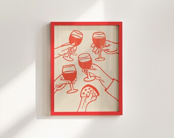 Retro Cheers Wine Print: Red Wine Glasses & Cheese, Bar Cart Art (Digital Download)